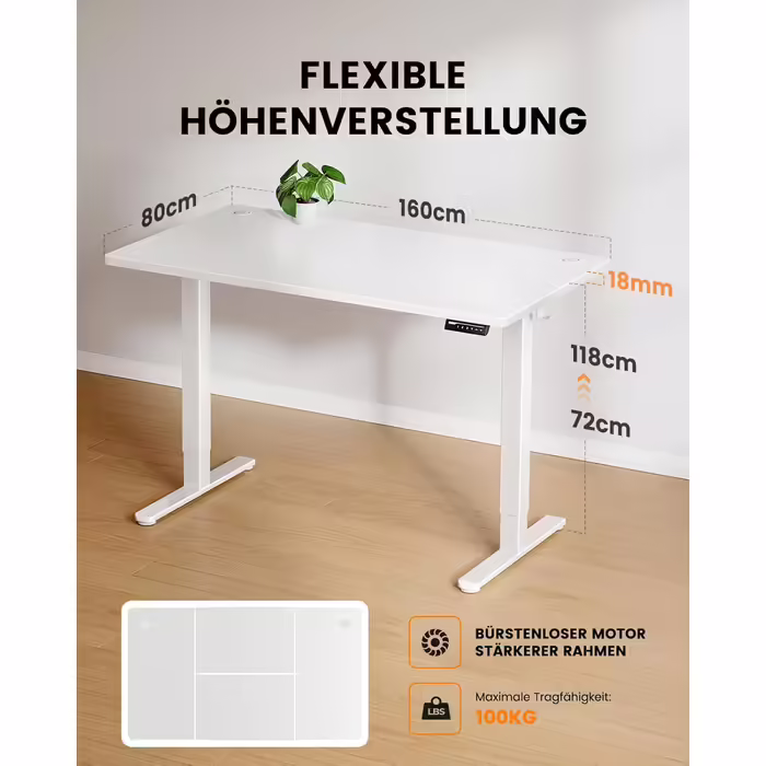 ErGear Height Adjustable Desk - 160 x 80cm, 220 lbs Load Capacity Electric Desk with Advanced Brushless Motor, Quiet Operation, Robust Metal Frame 160 x 80 cm White