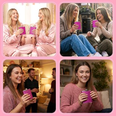 Персоналізований набір фляг 8oz з гравіюванням – фляга з нержавіючої сталі, 4 склянки, воронка та подарункова коробка для дружків, подарунок на весілля для чоловіків та жінок (Рожевий)