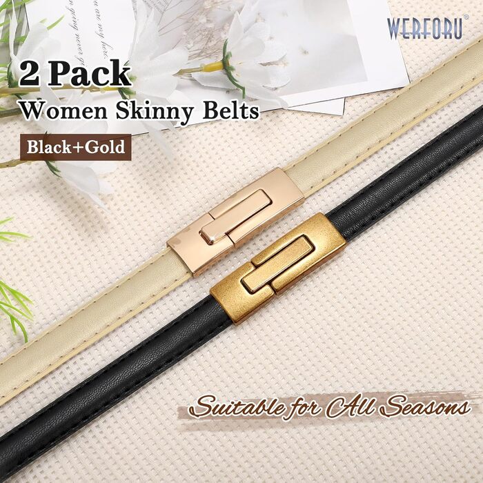Жіночий шкіряний ремінь WERFORU - тонкий, регульований, з декоративною золотою пряжкою. Довжина 105 см, підходить для розміру талії до 93 см (Чорний+золотий)