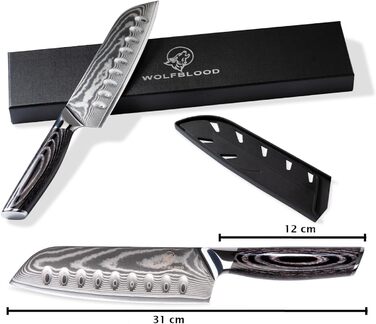 Професійний кухонний ніж Santoku Wolfblood PRO XL 31 см з 67-шарової дамаської сталі з дерев'яною ручкою, подарункова коробка та чохол