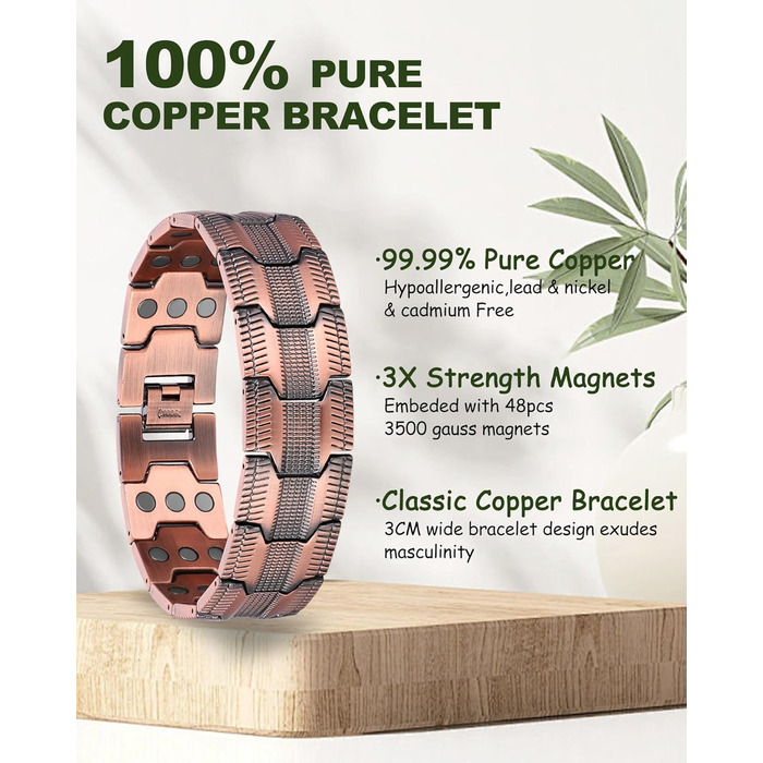 Браслет на руку чоловічий MagEnergy з міді - з 3 потужними магнітами, регульована довжина, інструмент для регулювання розміру