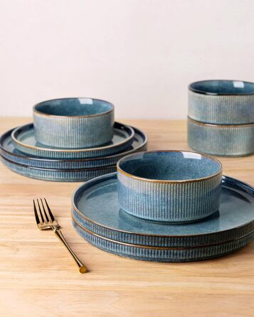 Набір посуду GBhome з каменю, 24 елементи, ручна робота, для 6 осіб, стійкий до миття в посудомийній машині та мікрохвильовій печі, керамічний посуд, блакитний колір