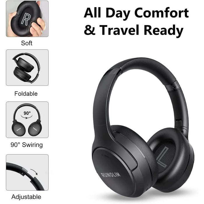 RUNOLIM Бездротові навушники Over-Ear з активним шумозаглушенням, Bluetooth, 70 годин роботи, Hi-Res Audio, глибокий бас, 3.5mm аудіокабель, чорний