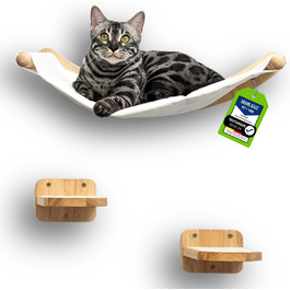 AZANO® Cat Wall | XL Cat Hammock [Extra Stable and Large] with Cat Ladder for the Wall | Cat Ladder with Sleeping Place | Climbing Cat Bed Made of Natural Wood | 3-Piece (with Steps)