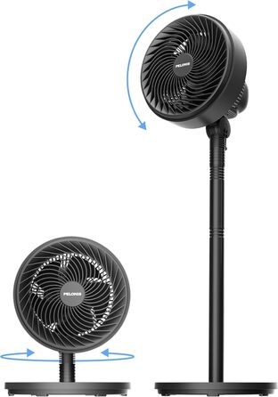 Вентилятор торнадо PELONIS з дистанційним керуванням, сенсорним дисплеєм, 3D циркуляцією, тихий (36.5dB), потужний (10м повітряний потік), регульована висота (60/111см), 4 швидкості з таймером, знімний захисний гріт, поворотний, 76см, чорний