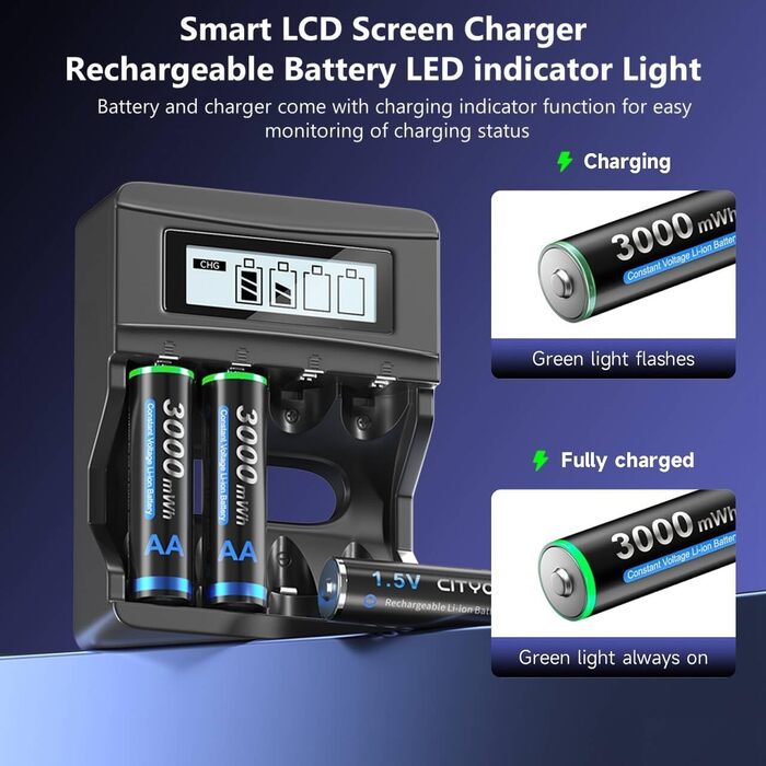 CITYORK Акумулятори AA Li-Ion, 4 шт., 1.5V, 3000mWh, з зарядним пристроєм Bay LCD Micro USB, швидка зарядка, захист від перевантаження