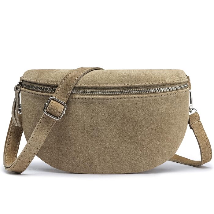 Сумка поясна жіноча Frentree® зі шкіри, Італія, крос-боді, на плече, срібний блискавка, велика (MAXI), бежево-срібляста, замша