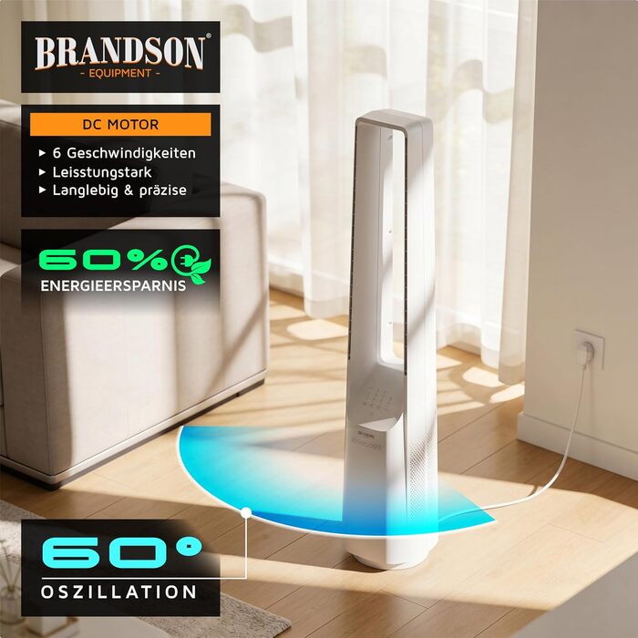 Вентилятор підлоговий безлопатевий Brandson ECO Line – тихий, з пультом, 6 швидкостей, режим сну, білий