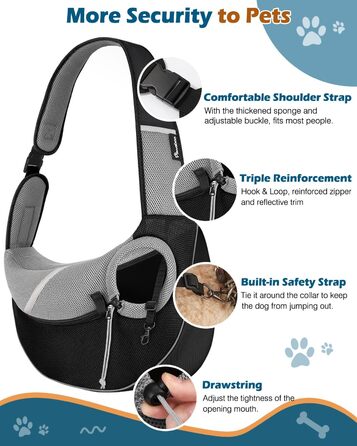 Pawaboo Сумка-переноска для собак, оновлена модель з кишенею для телефону, регульована, чорна, S