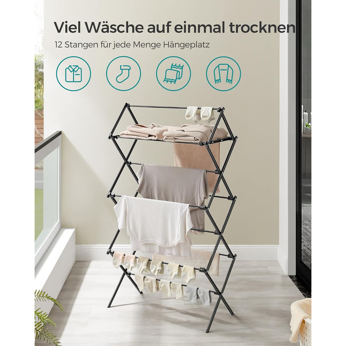 Стійка для сушіння білизни SONGMICS LLR770B01, складна, сталева, 37x75x135 см, для дому та вулиці