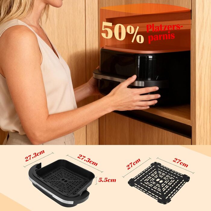 Аерофритюрниця Aigostar Pro Black: 7.45 л, XL, з оглядовим вікном, сенсорним екраном, 11 програм, подвійним нагріванням, функцією піци, металевий корпус