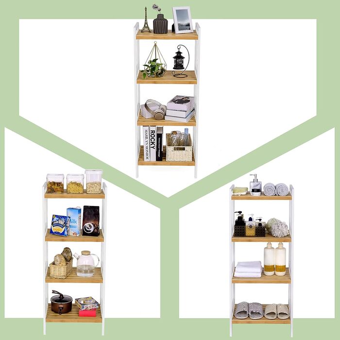 SONGMICS Bamboo Shelf, Kitchen Shelf, Bathroom Shelf, Bookshelf, Freestanding Shelf with 4 Shelves, 45 x 31.5 x 111 cm, for Bathroom, Kitchen, Living Room, Bedroom, Balcony, Natural White BCB74WN