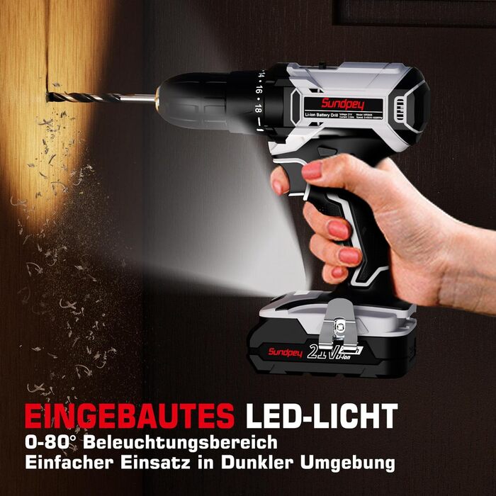 Акумуляторний шуруповерт Sundpey Set: 2 акумулятори 2.0Ah, 21V, 1500 об/хв, 45Nm, 18+1 режим, LED, 10мм патрон - для ремонту та DIY