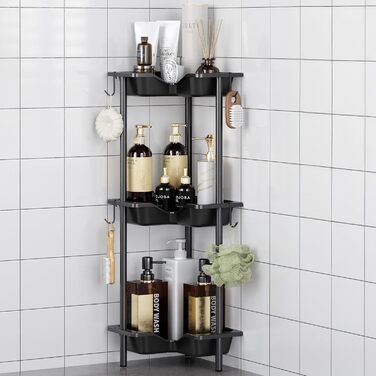 Дзеркальна поличка для душу OriwarE без свердління, 3 яруси, з 4 гачками, чорна, з нержавіючої сталі