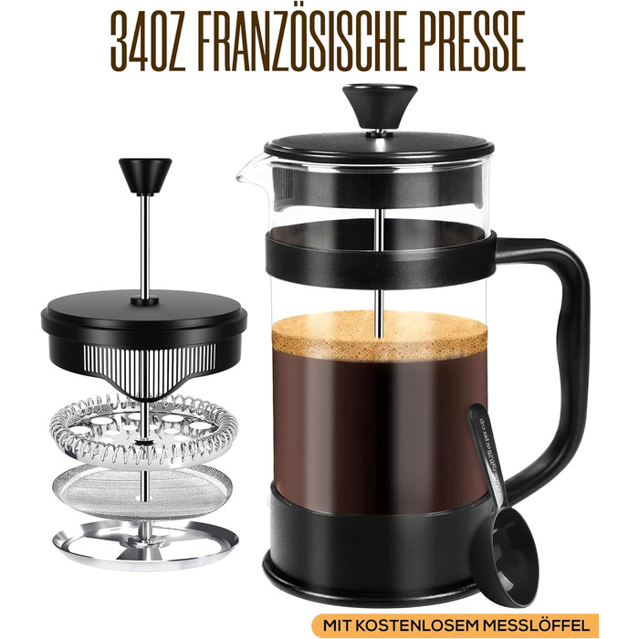 Френч-прес KICHLY 1000 мл: портативна кавоварка з нержавіючою сталлю та потрійним фільтром