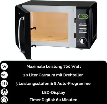 Мікрохвильова піч Wolkenstein Retro WMW720 I 700W, 20L, 5 рівнів потужності, 8 програм, розморожування, LED-дисплей, чорний