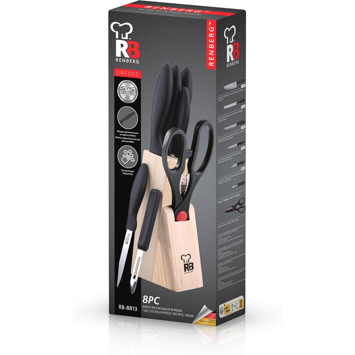 Набір кухонних ножів RENBERG Tenessy, 15 предметів з дерев'яною ручкою, нержавіюча сталь