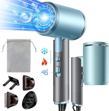 Фен 2400W складний іонний, професійний туристичний, з гарячою/холодною кнопкою, 3 режими нагріву, AC мотор, з насадкою-дифузором та сумкою для зберігання (сіро-блакитний)