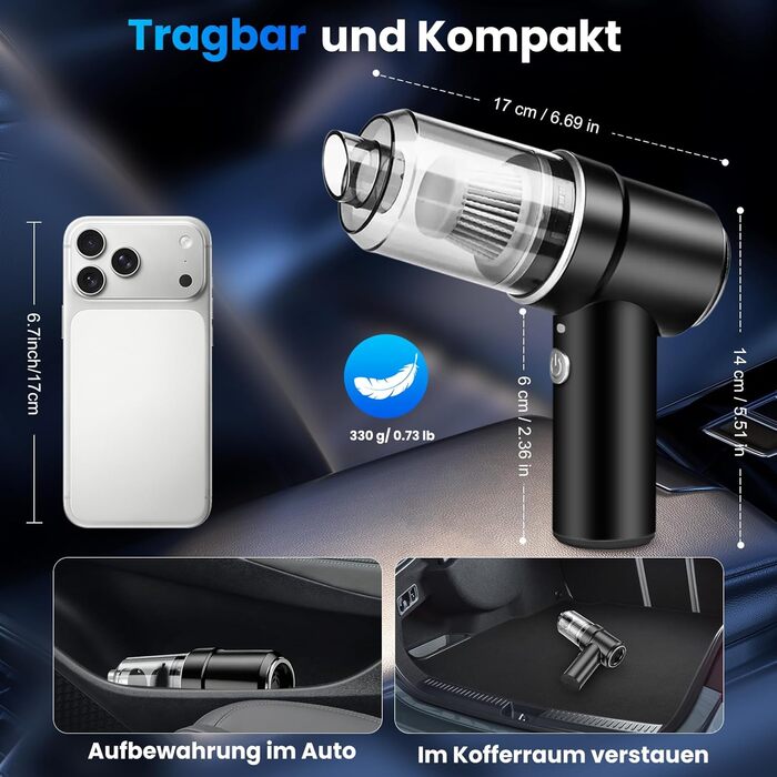 Автомобільний акумуляторний пилосос Handstaubsauger 12000Pa з HEPA-фільтром та LED підсвіткою для дому, авто, меблів, шерсті тварин