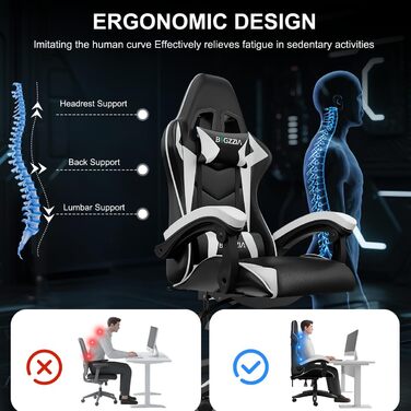 Геймерське крісло Bigzzia Ergonomisch з підтримкою попереку та голови, Bluetooth, чорно-біле, регульована висота, для підлітків та дорослих