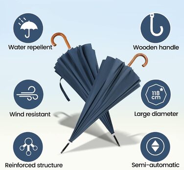 NINEMAX Large Windproof Umbrella - Wooden Handle Walking Umbrella for Men & Women - 16 Ribs Automatic Open - 2 Person Capacity (Navy Blue)