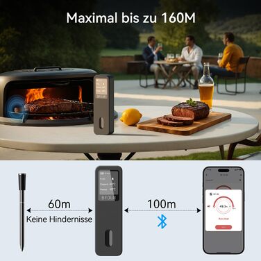 Термометр для м'яса BFOUR BF-30 PRO: бездротовий Bluetooth термометр-щуп з LCD-дисплеєм, IP67, для приготування BBQ, гриля, духовки, кухні (чорний)