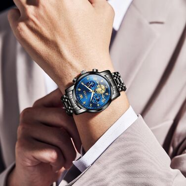 Годинник чоловічий OLEVS з металевим браслетом, кварцовий, з місячною фазою, хронограф, водостійкий, з нержавіючої сталі (2856 Blue / Black)