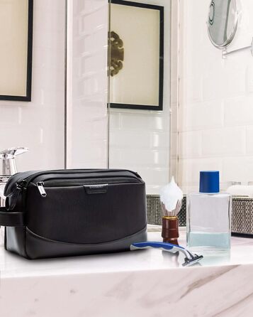 BAGSMART Travel Toiletry Bag for Men, Leather Travel Organizer Bag, Dopp Kit Waterproof Shaving Bag for Toiletries Accessories, Black