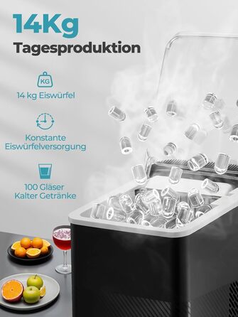 Машина для льоду FOHERE портативна, самоочисна, 14 кг/24 год, 2 розміри, компактний дизайн, керування однією кнопкою, інтелектуальні сповіщення, з лопаткою та кошиком для дому/бару/офісу/кемпінгу (чорний)