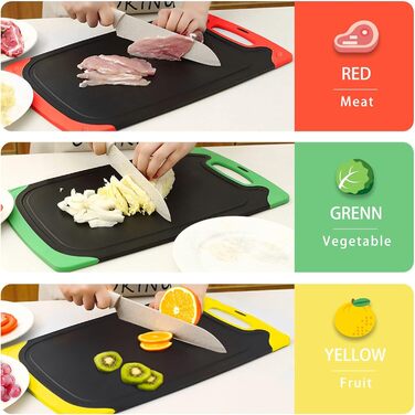 Набір обробних дощок 3 шт. | Чорний пластик з жолобками для соку та неслизькими ручками | Великі антибактеріальні дошки для кухні | BPA-Free для фруктів/овочів/м'яса (червоний+зелений+жовтий)