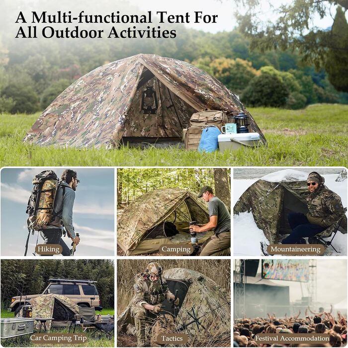 FREE SOLDIER Camping Tent Outdoor Ultralight One-Person Tent in Camouflage, Outdoor Camping, 1 Person Tent Adventure Tent Easy to Set Up and Carry Mosquito Protection, Waterproof