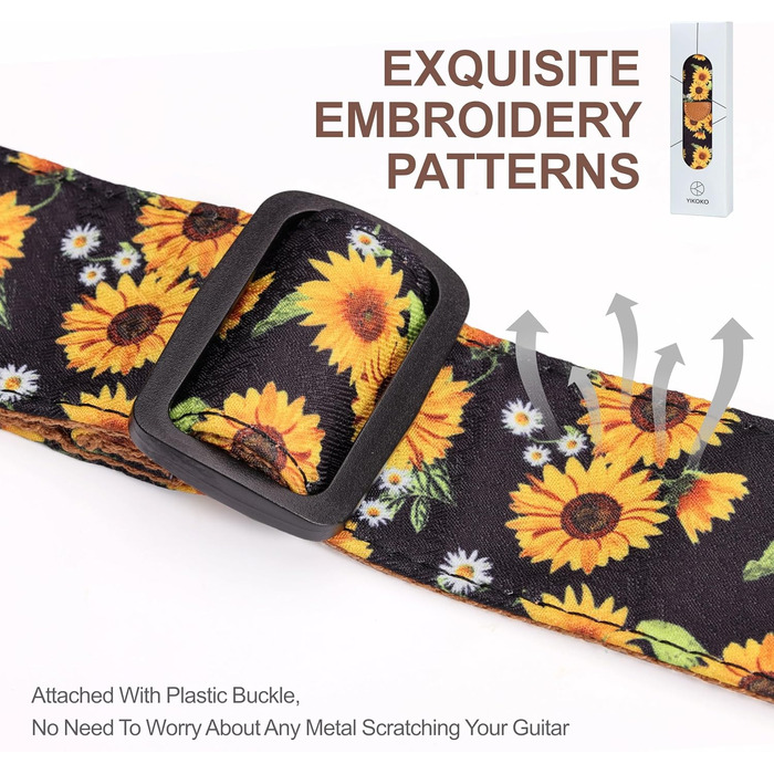 Гітарний ремінь 5,1 см з бавовняним друком, квітковий принт, з повним шкіряним кінцем, для бас-гітари, електро- та акустичної гітари, безкоштовна кнопка для ременя, фіксатори для ременя та медіатори. Жовті ромашки