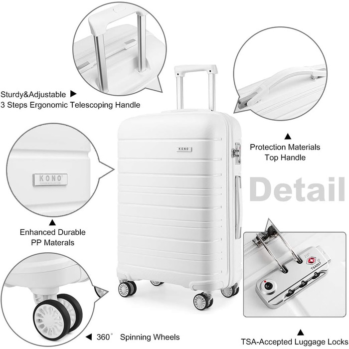 Валіза KONO Zwillingsrollen з TSA-замком, білий XL (76 см, 100 л)