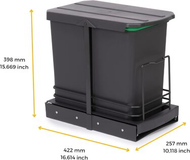 Відро для сміття Emuca кухонне з підскладною фіксацією, 2 висувні контейнери по 20 л, загальний об'єм 40 л (2 x 20 л), сталь та пластик, сірий колір.