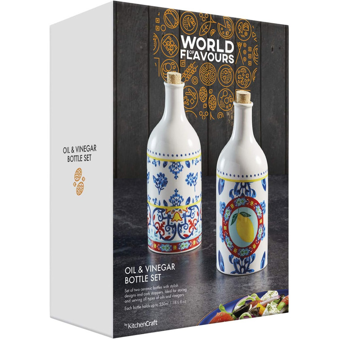 Набір керамічних пляшок для оцту та олії KitchenCraft World of Flavours, з корковими пробками, 500 мл, різнокольорові