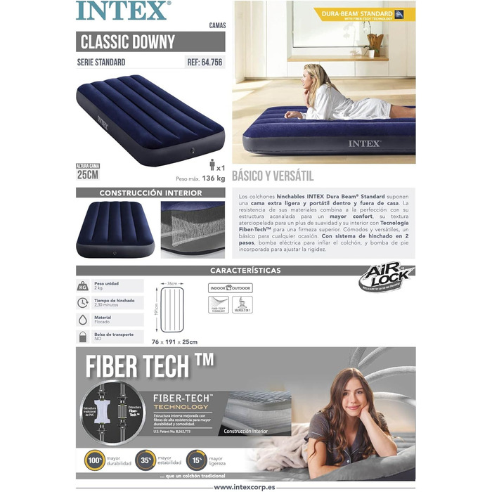 Повітряний матрац Intex Dura-Beam Fiber-Tech двоспільный для кемпінгу та гостей (76 x 191 x 25 см), макс. навантаження 272 кг (64758)