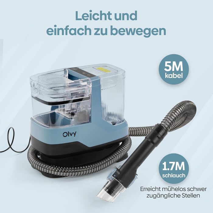 Olvy Teppichreiniger 2.0 - Потужний очищувач килимів з 17000 Па, шлангом 1.6м, кабелем 4м, функцією самоочищення та 500мл миючого засобу - для килимів, диванів, матраців та авто