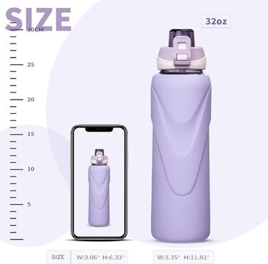 1 liter / 1l Drinking Bottle Glass with Straw BPA Free Glass Bottle with Silicone Sleeve Borosilicate Glass Water Bottle (Light Purple)