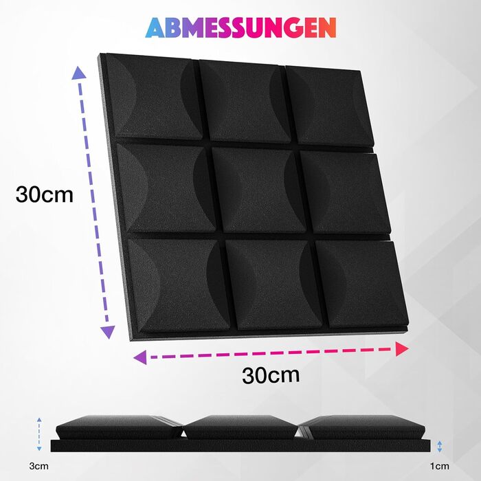 Акустичний поролон Fstop Labs, самоклеючий звукопоглинаючий панельний набір (12 шт), 30x30x3 см, щільність 35 кг/м³, 3D піна для звукоізоляції стін у студію, офіс та кімнату