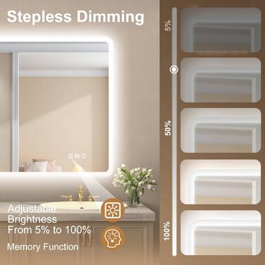 Дзеркало для ванної кімнати Starlead з підсвічуванням 100x70 см, Bluetooth, антизапітніння, регулювання яскравості, 3 кольори світла, функція пам'яті, IP44, LED, горизонтальне/вертикальне, HD скло, Madrid Silver (Bluetooth)