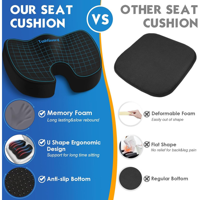 Подушка ортопедична TushGuard для офісного крісла, Memory Foam, X-Large, чорна. Зняття болю в спині, куприку, при ішіасі.