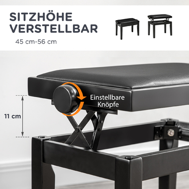 HOMCOM Piano Bench - Height Adjustable Piano Stool with Leather Cushion, Faux Leather, Beechwood, Black, 63 x 33 x 45-56 cm, ideal for pianists