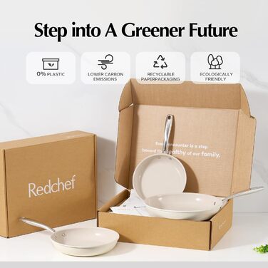 Redchef Non-Stick Frying Pan Set, Ceramic Frying Pan Set, 8, 9.5, 11 inch, Non-Toxic Pans for Cooking, 8.0-10.9 inch Ceramic Fry Pan Set, PFAS, PTFE, and PFOA Free, with Stainless Steel Handle, 8+9.5+11 inch Beige