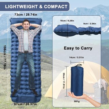 Каремат туристичний самонадувний TECHSHARE, посилений, для кемпінгу та відпочинку на природі, з насосом, блакитний