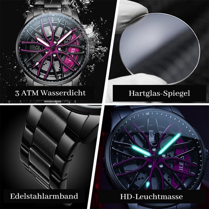 Чоловічий годинник OLEVS Quartz зі сталі з дизайном автоколеса, водонепроникний спортивний годинник з підсвіткою (модель 9937, фіолетовий)
