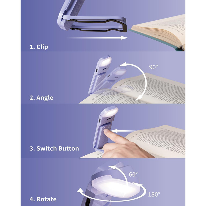 LED-ліхтарик для читання, перезаряджуваний, ультралегкий, з 3 кольорами та 5 рівнями яскравості, фіолетовий