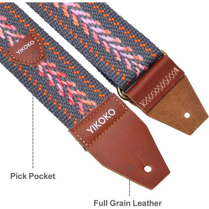 Гітарний ремінь 5,1 см з бавовни, з шкіряними кінцями для бас-, електро- та акустичних гітар (Сірий)