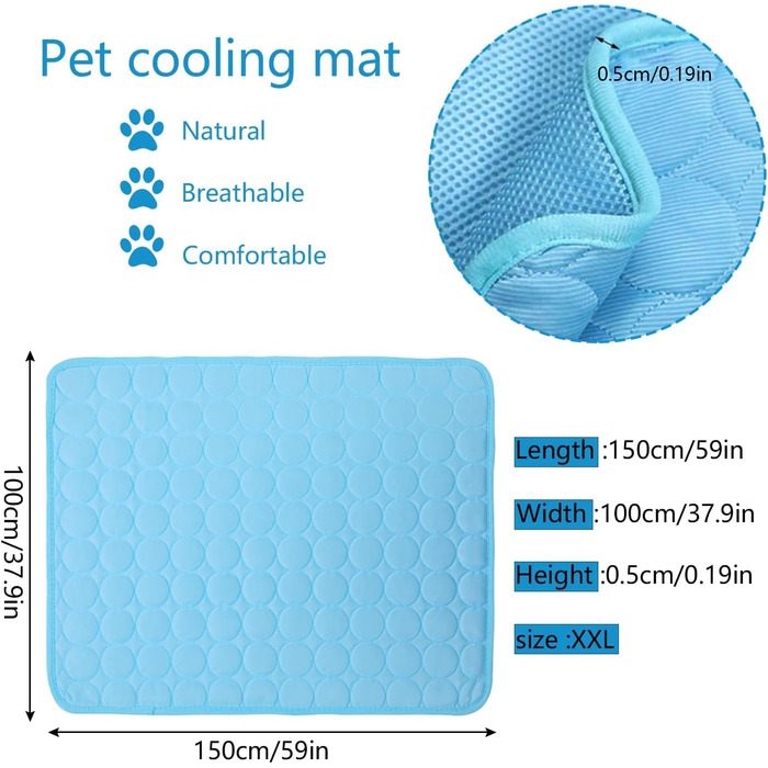 Килимок охолоджуючий для собак YXHZVON, 150 x 100 см, 2XL, блакитний. Охолоджуючий килимок для собак, миється, для дому, машини, в дорогу.