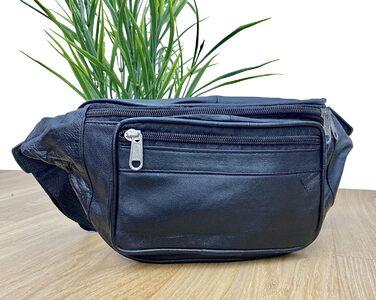 Liberty Leather Belt Bag made from Nappa leather with multiple pockets for outdoor use, travel, adjustable hip belt, fanny pack for hiking, cycling, running, fashion, Medium, (Black, 220)