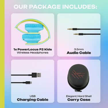 Дитячі навушники PowerLocus Bluetooth з обмеженням гучності 85dB, складні, з чохлом, Over-Ear, бездротові та з кабелем, з мікрофоном, Micro-SD, для телефону, ПК, планшета, зелені (синьо-зелені)